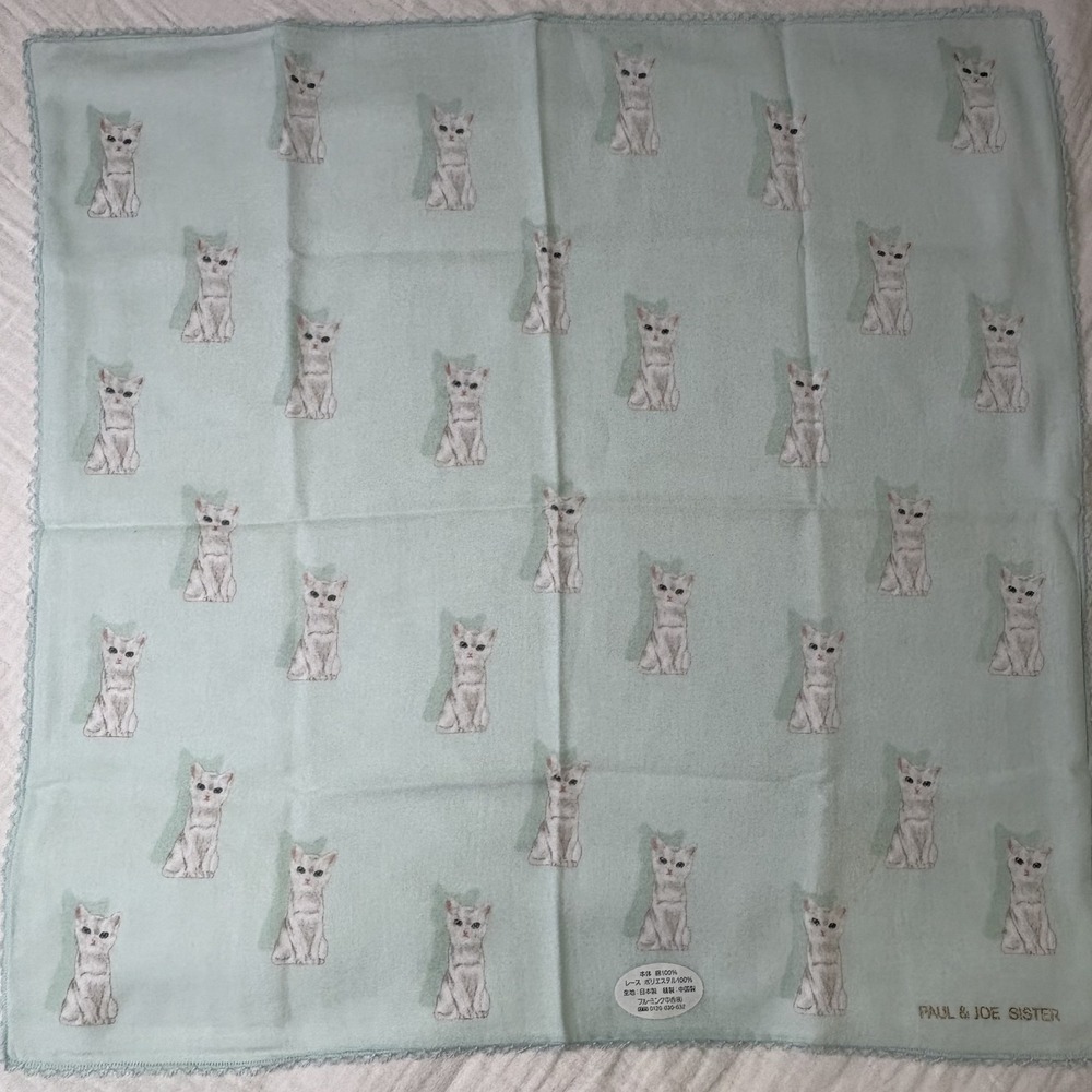Paul & Joe Sister Scarf Handkerchief Cat Print Cotton Blue Lace Trim 17"